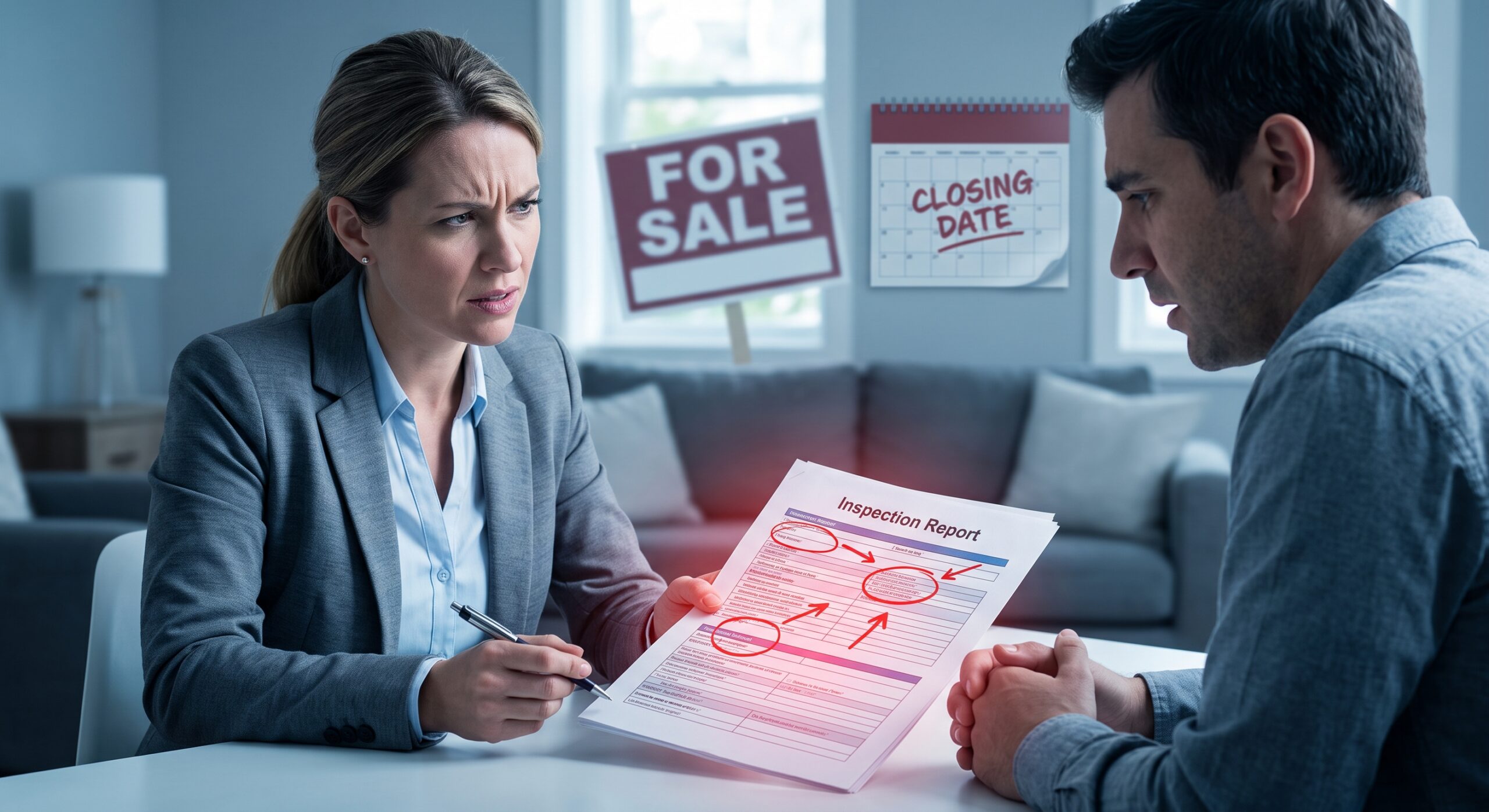 A tense, close-up interior scene of a distressed real estate agent and a worried home seller reviewing an inspection report. The agent points to sections marked with red failed flags. The lighting is cool, stressing the anxiety that a failed inspection brings, directly visualizing how it "derails" the transaction just as the copy states. A blurred calendar in the background emphasizes the ticking clock of the closing date.